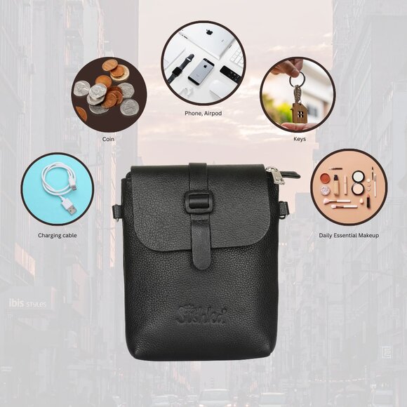 Leather Messenger Bag for Men & Women –Black Crossbody Shoulder Bag, Side Sling - Picture 4 of 10